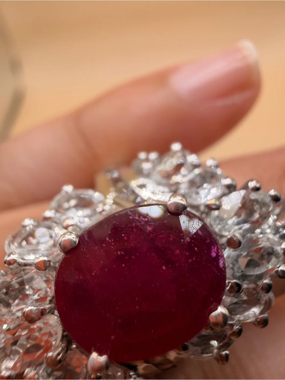 925 Sterling Silver White Topaz & Niassa Ruby Ring Size 6.25.